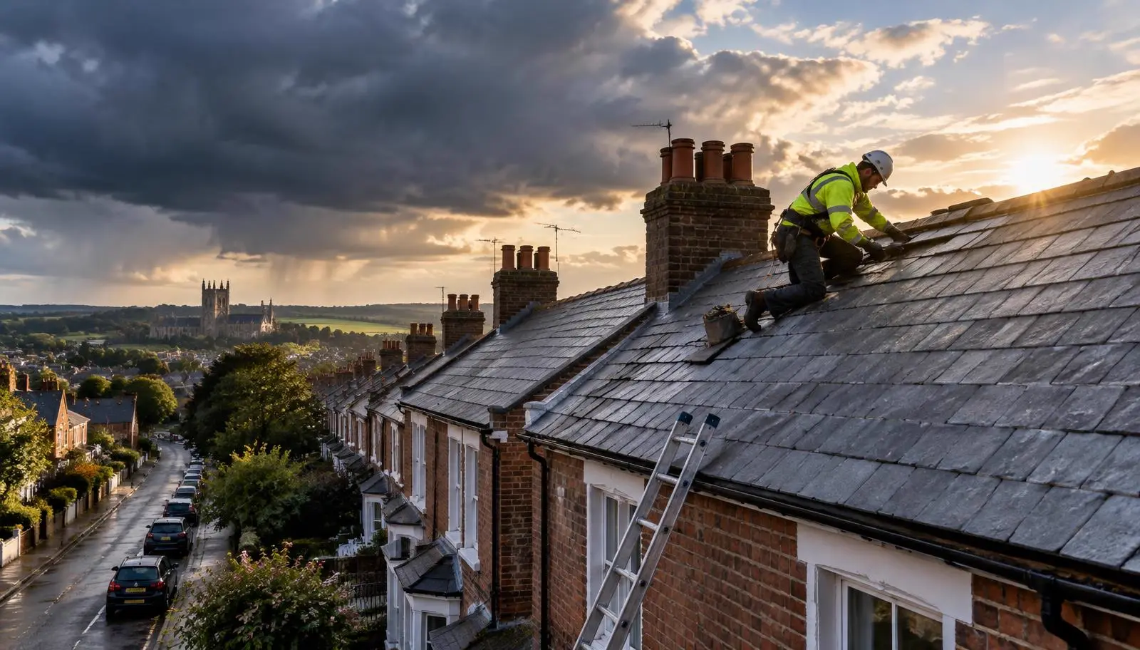 Roofer replacing slates on a pitched roof